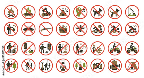 Set of Prohibition Signs for Outdoor Activities and Park Regulations Indicating Forbidden Actions in Nature