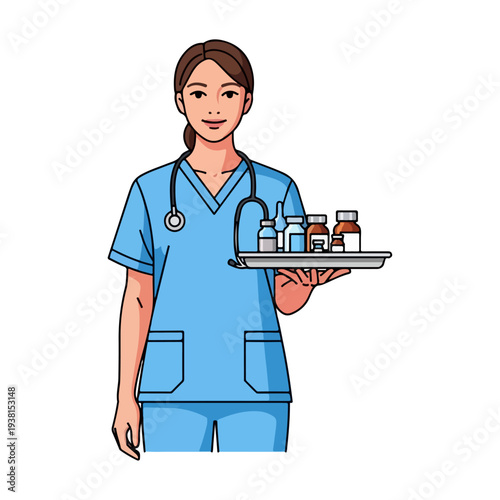 Professional Nurse Vector Illustration - Healthcare Assistant with Medical Supplies Concept