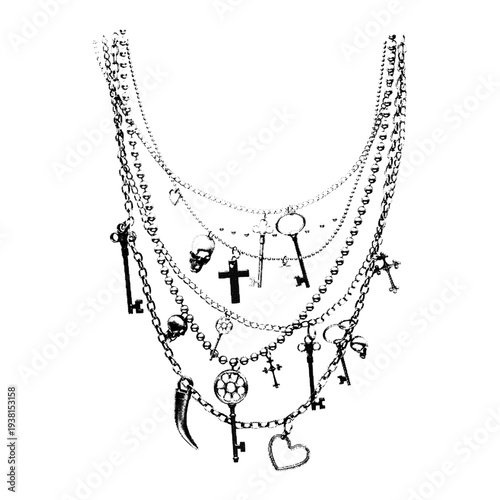 Grunge style vector of layered silver-tone chains featuring punk charms like vintage keys, skulls, crosses, heart, and claw. Retro Y2K aesthetic jewelry design isolated on white.