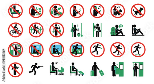 Public Transportation and Venue Rules Essential Prohibitions and Common Safety Guideline Pictogram Set