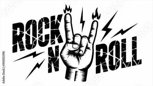 Rock on hand gesture with flames and lightning bolts rock n roll symbol