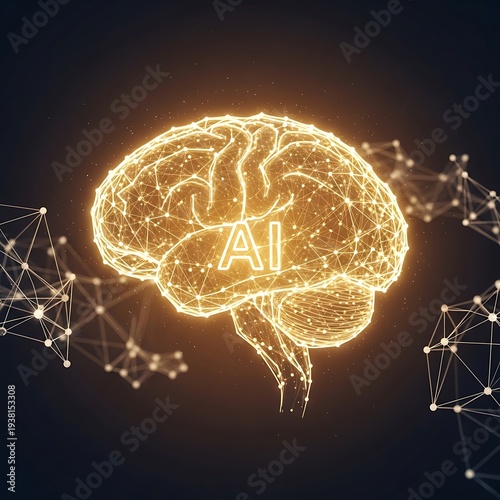 Glowing yellow AI brain with neural network connections