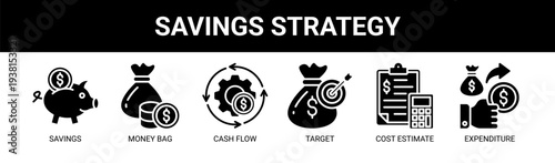 Savings Strategy web banner icon vector illustration concept with icons of savings, money bag, cash flow, target, cost estimate, and expenditure.