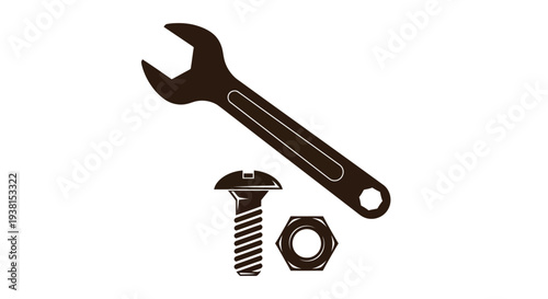 Essential vector graphic illustration of a wrench, bolt, and nut for various mechanical projects and designs.