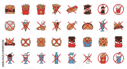 Collection of Unhealthy Fast Food and Sugary Drink Icons with Prohibition Signs Illustrating Diet Restrictions
