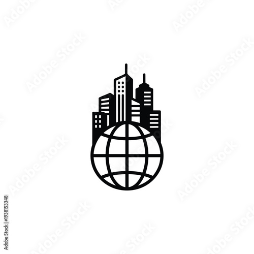 Global cityscape illustration featuring a stylized globe surrounded by modern skyscrapers from a straightforward viewpoint