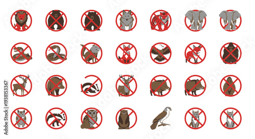 Set of Diverse Wild Animal Icons with Red Prohibition Symbols Danger and Warning Concept