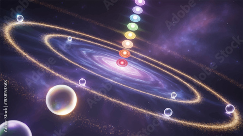 Vibrant colorful planets orbit around a radiant purple galaxy with glowing rings in deep space