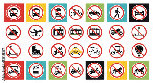 Set of Diverse Prohibition Signs Featuring Various Transportation Modes and Restricted Human Activities