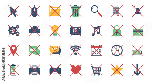 Numerous Prohibited Digital Actions Forbidden Online Activities and Blocked Interface Symbols