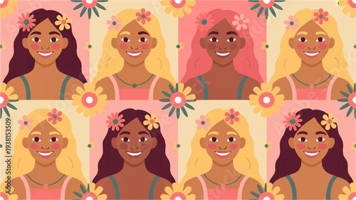 Diverse cartoon women with flowers in hair smiling happily in repeating pattern on colorful background