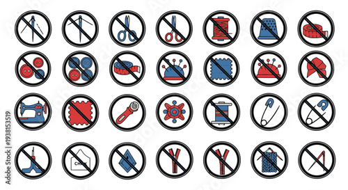 Prohibited Sewing and Crafting Tools Accessories Signs with Red and Blue Digital Elements