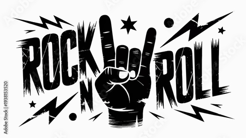 Rock and roll music symbol with hand gesture and lightning bolts on white background