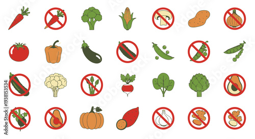 Collection of Diverse Fruit and Vegetable Icons Some Showing Prohibition Signs for Diet Concept