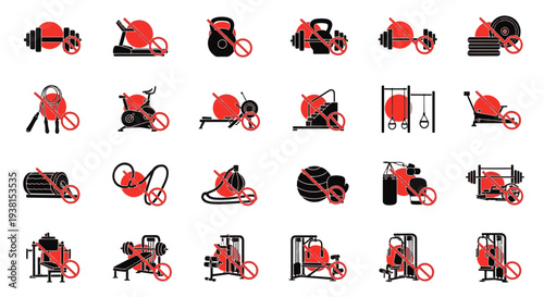 Fitness Gym Equipment Icons with Red Prohibition Signs Indicating Restricted Use or Ban