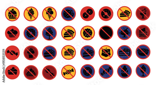 Collection of Prohibited Sweet Food and Desserts Signs for Healthy Eating and Diet Restrictions