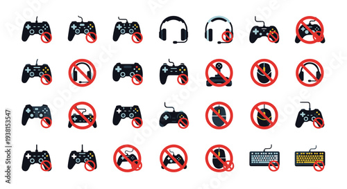 Multiple Gaming Input Devices Including Gamepads Headphones Mice and Keyboards with Restriction Marks