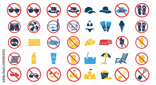 Collection of Summer Beach Vacation Items and Activities with Restriction and Allowance Signs