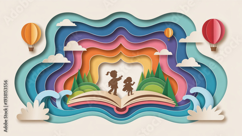Children playing on open book with rainbow background and hot air balloons