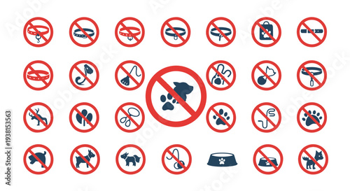No Pets Allowed Signs Collection Featuring Forbidden Animal Symbols Collars Leashes