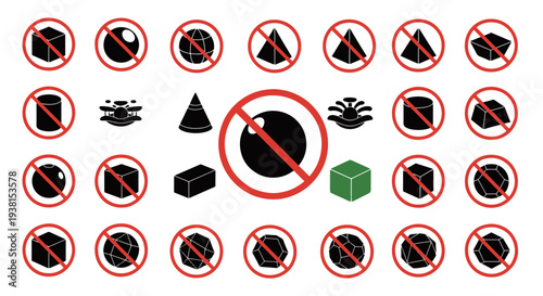 Collection of Forbidden Geometric Shapes and Prohibited Objects with Red No Signs for Concepts