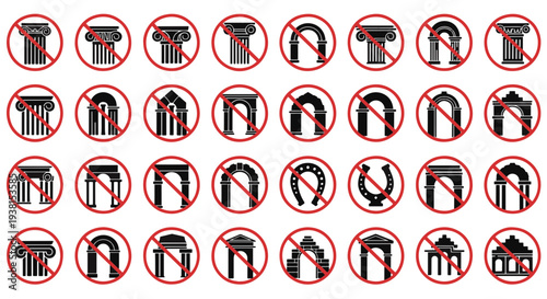 Ancient Architectural Columns Arches Temple Structures and Horseshoes Within Prohibition Circles