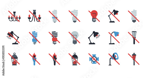 Various Light Sources with Prohibition Signs Including Classic Chandeliers and Modern Energy saving Bulbs