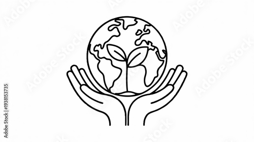 Hands cradling a globe with a green sprout growing symbolizing eco friendly care and sustainability