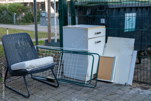 Obraz na plátně Discarded household items furniture placed outdoor, bulk waste pickup, renovatio