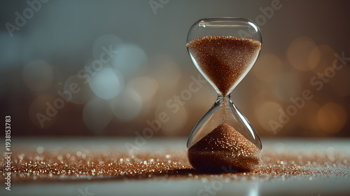 Time's Passage: An elegant hourglass, symbolizing the relentless march of time and the ephemeral nature of moments, with sand flowing gracefully within, illuminated by a soft, warm light.