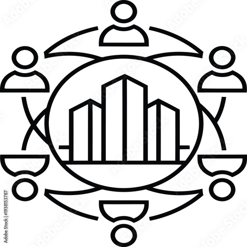 Group of people collaborating on urban development project around a cityscape diagram