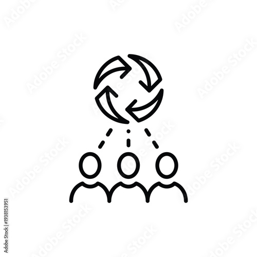 Group of people connected to a circular arrow symbolizing teamwork and collaboration from a top-down viewpoint