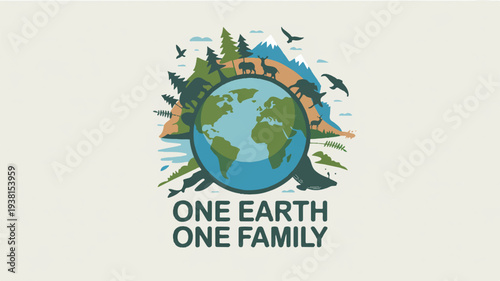 Earth with family concept globe surrounded by trees birds and nature symbolizing unity and environmental harmony