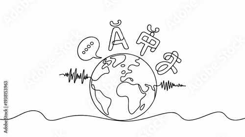Earth globe with multilingual text and sound waves floating above symbolizing global communication and connection