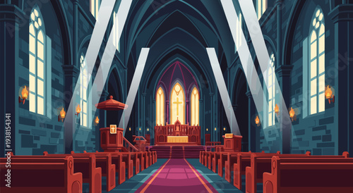 A magnificent vector illustration of the interior of a grand gothic church, featuring rows of wooden pews, stained glass windows, and an altar bathed in light
