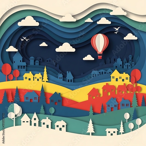 Paper Cut Out Landscape with Hot Air Balloon and Village