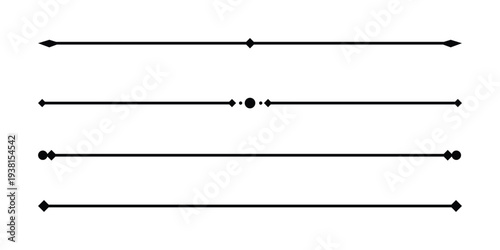 Minimal decorative divider line set. Geometric diamond and circle separator lines. Elegant horizontal line elements for invitations, banners and graphic layouts