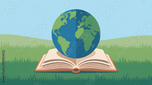 Open book with globe on top in a serene green landscape under a clear blue sky symbolizing global knowledge and education