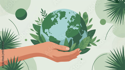 Hand holding green earth globe with lush foliage symbolizing eco friendly care and environmental protection