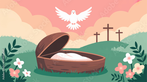 Easter casket with white cloth and dove flying above on a sunny day with crosses
