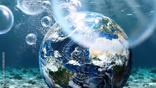 Earth submerged underwater with bubbles rising towards the surface.