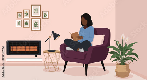 Cozy home vector illustration of a person reading a book in a comfortable armchair with a plant and artwork, peaceful indoor scene