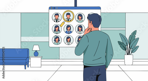 Man Searching Through Online Profiles in a Digital Recruitment Vector Illustration