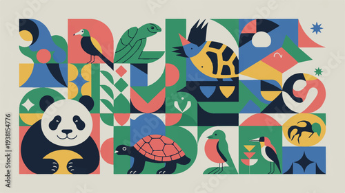 Earth day celebration concept with colorful animals and eco friendly letters on beige background