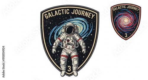 Astronaut patch with galactic journey text and nebula.