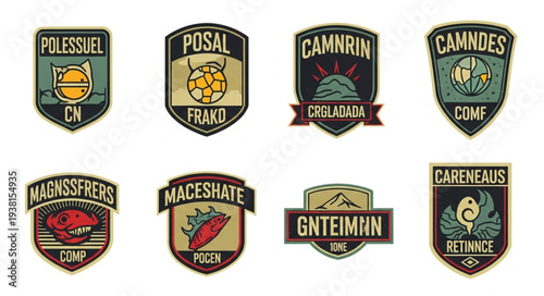 Collection of eight unique crests or emblems with varied designs.