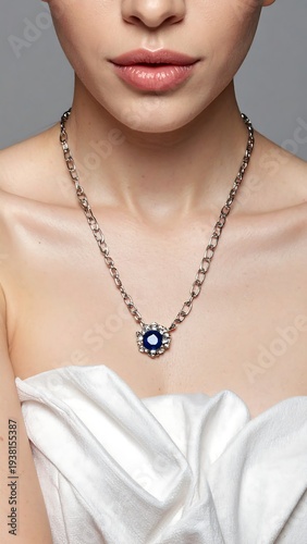 Close-up of a woman's neck, adorned with a gemstone necklace