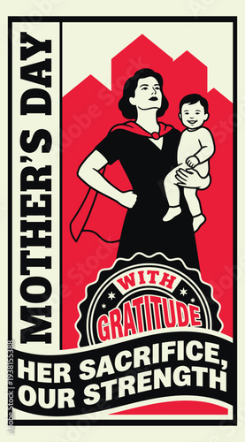 Heroic Mother Figure Holding Child Retro Graphic