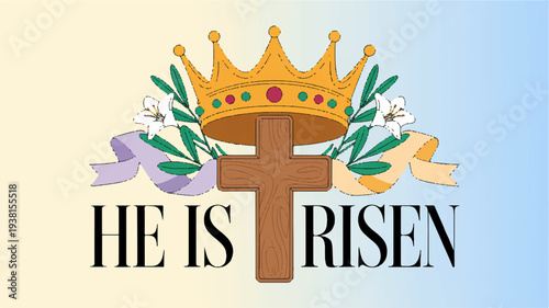 Easter cross with crown and ribbons on gradient background he is risen religious symbol