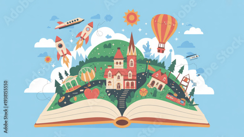 Whimsical illustration of a vibrant fantasy world emerging from an open book with buildings vehicles and hot air balloons in a sunny sky